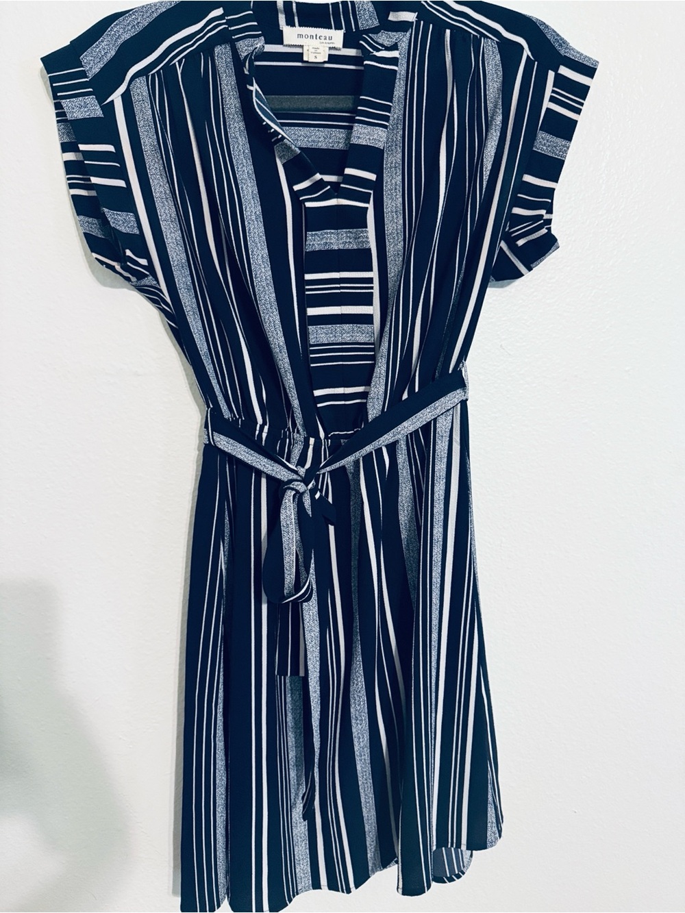 Monteau Navy & White Striped Belted Midi V Neck Dress